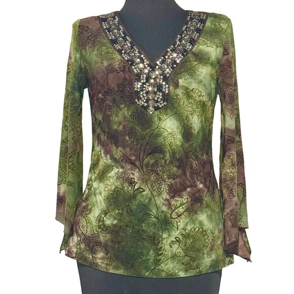 Y2K Sami Jo Womens Blouse Medium Green Brown Velvet Burnout Crystals Fairygrunge - Picture 1 of 10